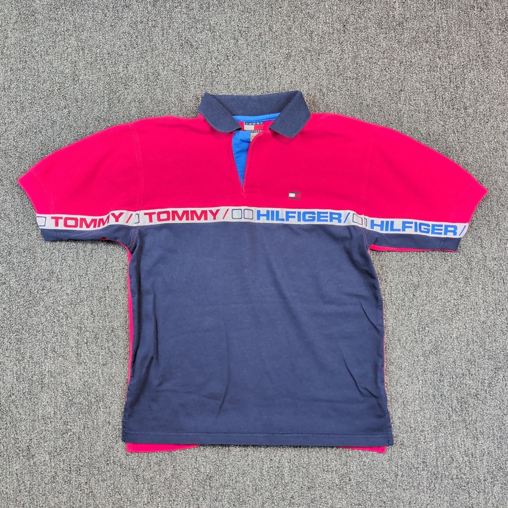 Tommy Hilfiger Vintage 90s Polo Shirt Medium Red Navy Blue Streetwear Logo — photo 2